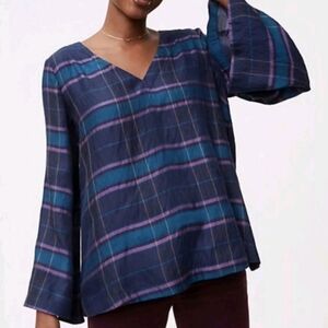 𝅺LOFT Oversized Plaid V-neck Pullover Blouse Top Small.